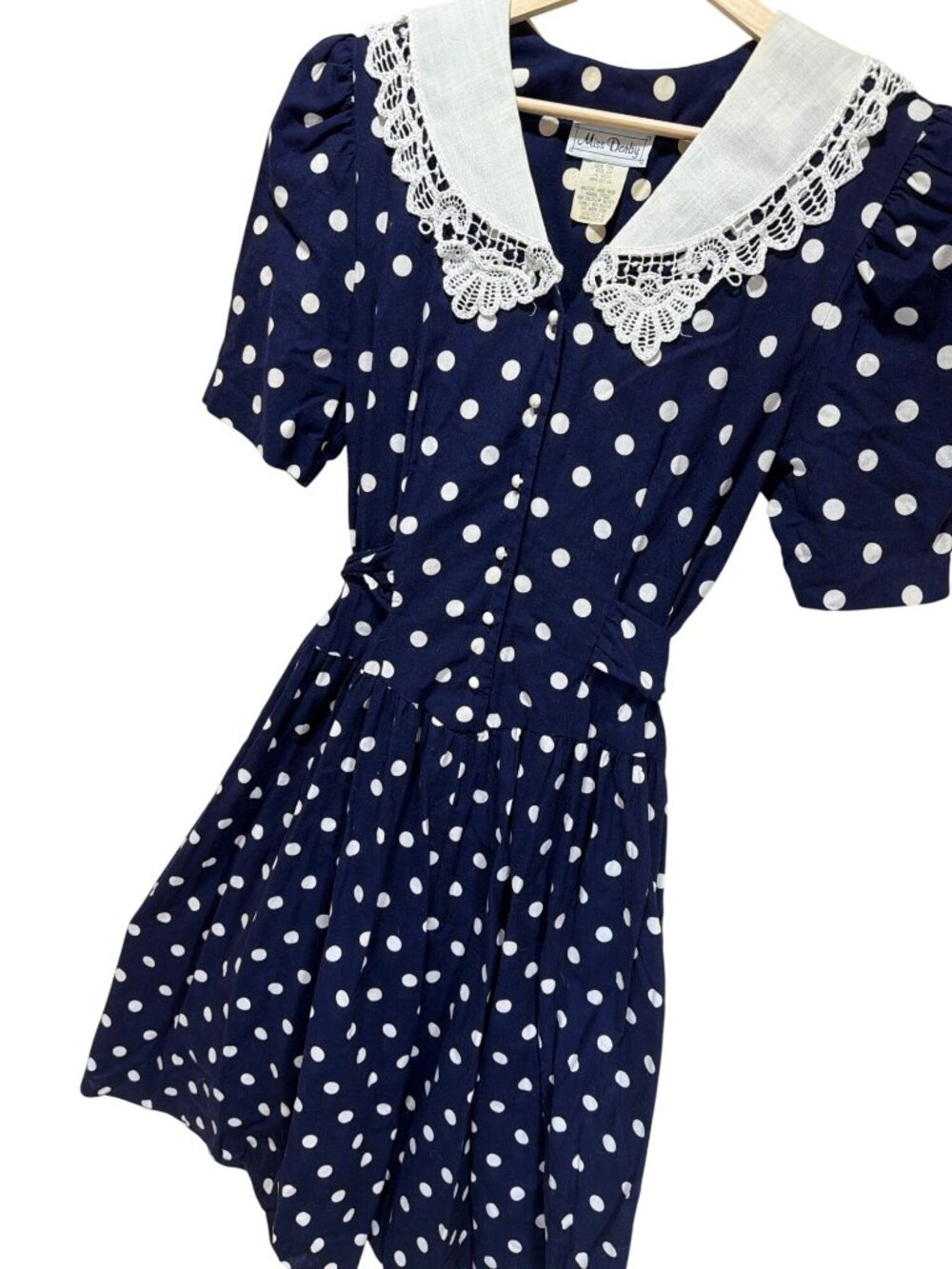 Miss Darby Vintage 80s Navy Polka Dot Sailor Dress With Lace Collar Womens Size